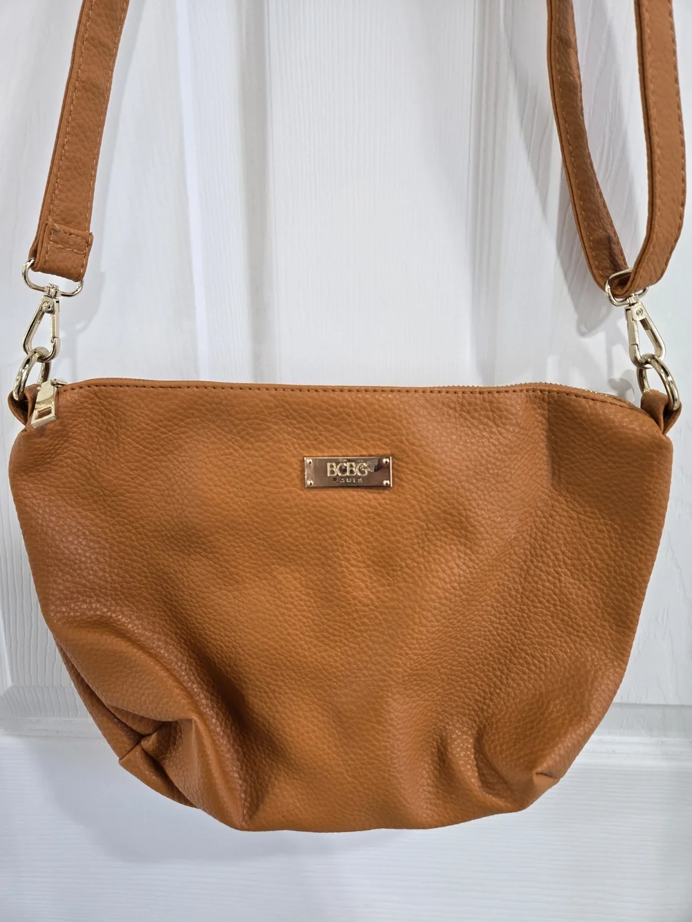 BCBG Cognac Tan Pebbled Crossbody Bag with Gold Hardware